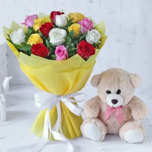 “Colorful Day and Bear” 24 mixed colors roses + small Teddy Bear