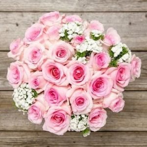 “Gradient Pink Bouquet” 24 pink roses and 6 white phlox bouquet