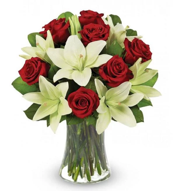"Lilly and Rose" 12 red roses and 7 white lily in a vase