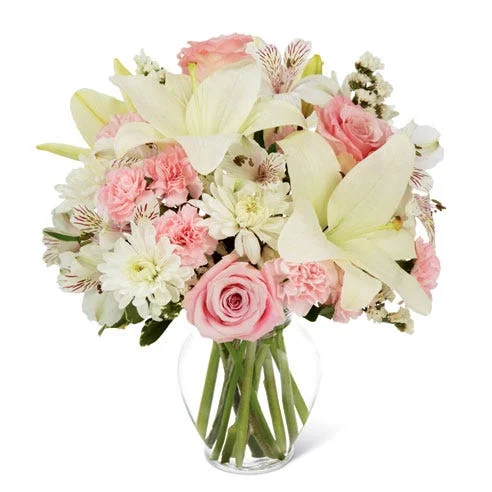 "Pink Rose White Lily Bouquet" 4 White Lilies, 10 Pink Roses, 6 Chrysanthemums bouquet in a vase