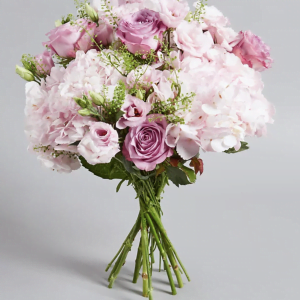 “Pink Rose and Hydrangea Bouquet” 3 White Hydrangea, 6 Pink Roses and assorted greeneries bouquet