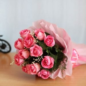 “Pink Twelve Bouquet” 12 pink roses with greeneries bouquet