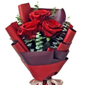 “Red Three Bouquet” 3 red roses with greeneries bouquet