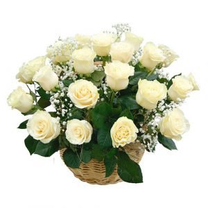 “Snow Basket” a basket of 24 white roses with greeneries