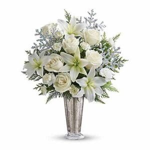 “Sweet Thoughts” 5 White Lily and 7 White Roses Bouquet in a vase