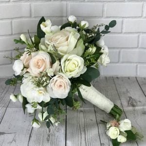 “White Fantasy” 24 mixed white roses and spray roses with assorted greeneries bouquet