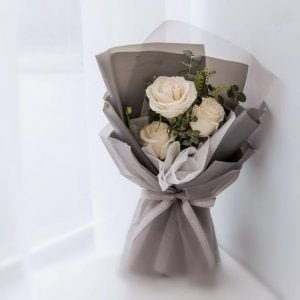 “White Three Bouquet” 3 white roses with greeneries bouquet