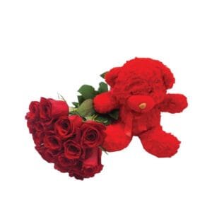 Bouquet with 12 red roses and a small Teddy Bear