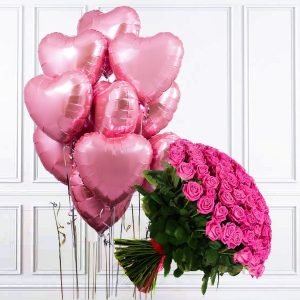 A bouquet with 50 pink roses + 10 helium pink heart balloons