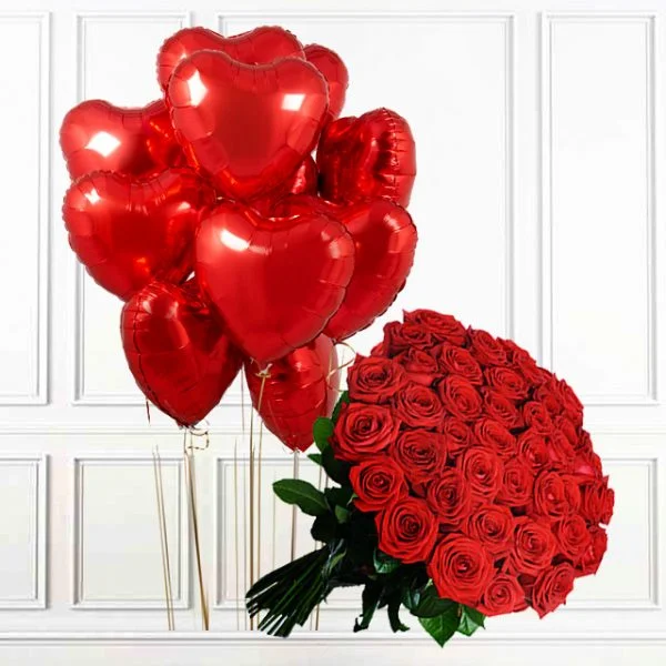 A bouquet with 50 red roses + 10 helium red heart balloons