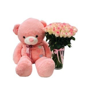 Bouquet with 50 premium pink roses in a vase and a large pink Teddy Bear (90cm)