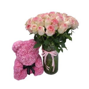 Bouquet with 50 premium pink roses in a vase, and a pink foam Teddy Bear (40cm)