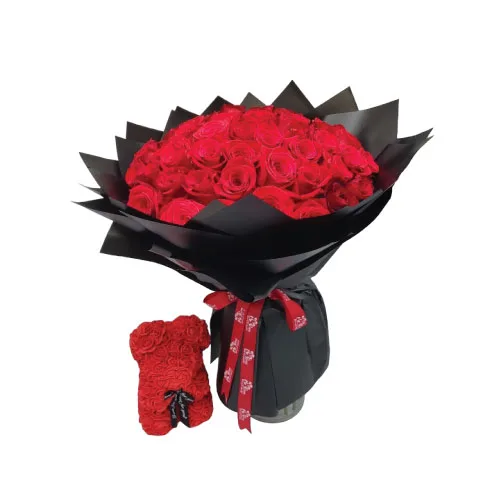 Bouquet with 50 premium red roses and a red foam Teddy Bear (25cm)