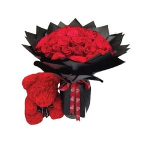 Bouquet with 50 premium red  roses and a red foam Teddy Bear (40cm)