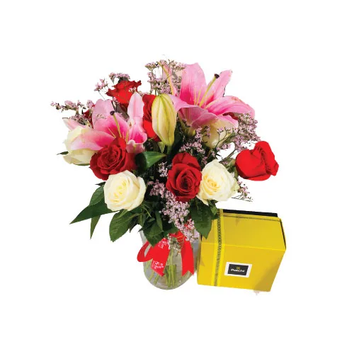 8 Red Roses 6 White Roses 1 Pink Lily 3 Pink Limonium 1 Vase 500 Grams Patchi Chocolate