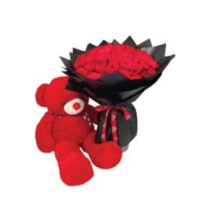 Bouquet with 50 premium red roses, and a red foam Teddy Bear (90cm)