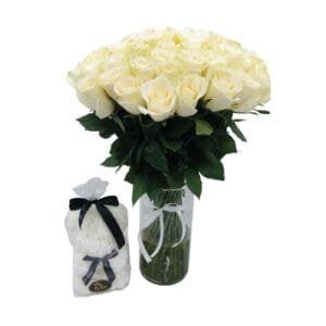 Bouquet with 50 premium white roses in a vase and a white foam Teddy Bear (25cm)