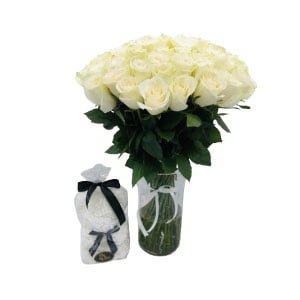 Bouquet with 50 premium white roses in a vase and a white foam Teddy Bear (25cm)