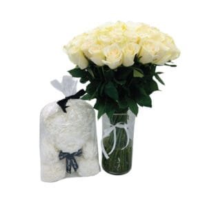 Bouquet with 50 premium white roses in a vase, and a white foam Teddy Bear (40cm)