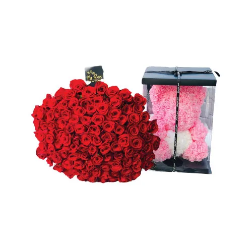 Elegance Red Bouquet And Pink Foam Teddy