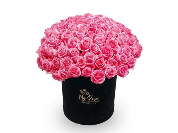 Black Velvet Box With 50 Pink Roses