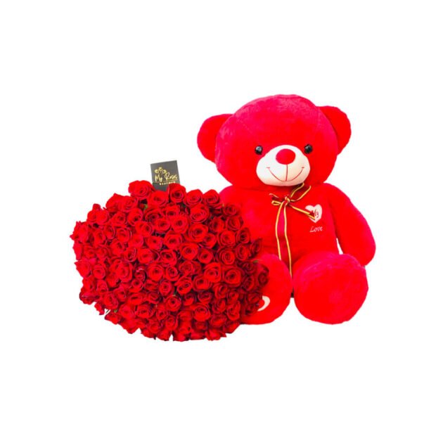 100 red roses with Red teddy bear