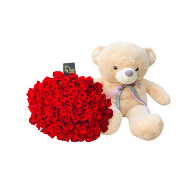 100 Red Roses with Teddy Bear - Image 2