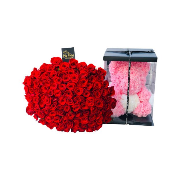 100 red roses with foam pink teddy bear 40cm