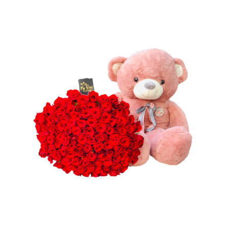 100 red roses with Pink teddy bear
