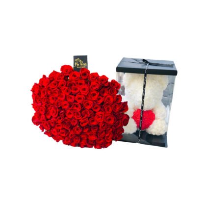 100 red roses with white teddy bear
