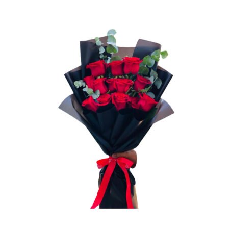 12 Red roses & 2 Eucalyptus