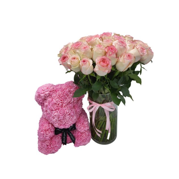 Bouquet With 50 Premium Pink Roses in Vase & Pink Foam Bear