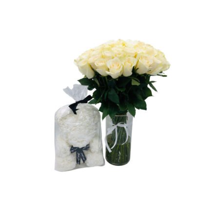 Bouquet With 50 Premium White Roses in Vase & White foam Bear