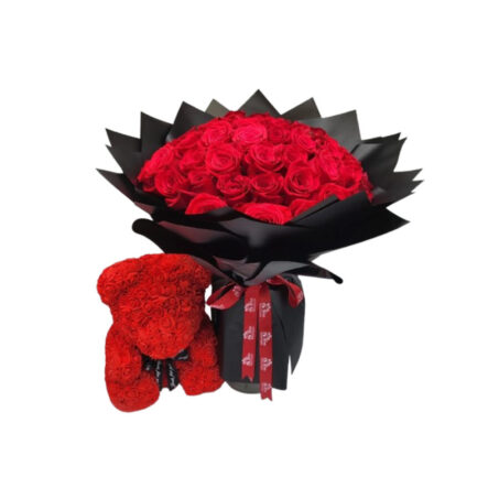Bouquet with 50 premium red roses and a red foam Teddy Bear