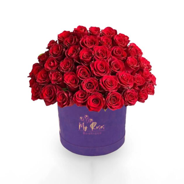 Dark Purple Velvet Box with Red Roses