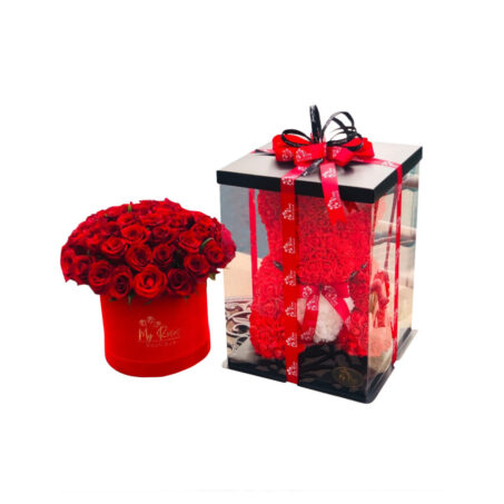 Set of Roses in Box and Foam Teddy