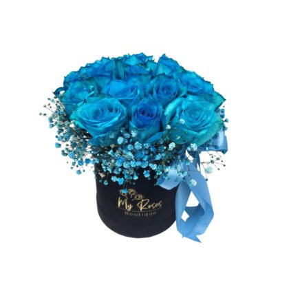 blue roses in velvet box