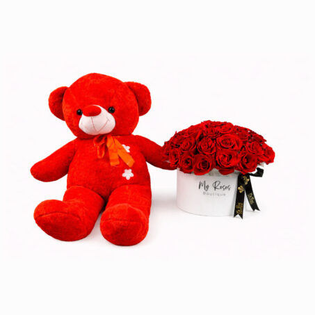 50 Red Roses in White Box with Red Foan Teddy 100cm