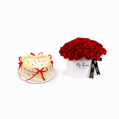 50 Red Roses in White Box with Cake