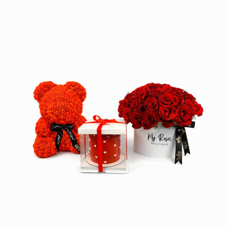 50 Red Roses in White Box with Cake & Red Foam Teddy 40cm