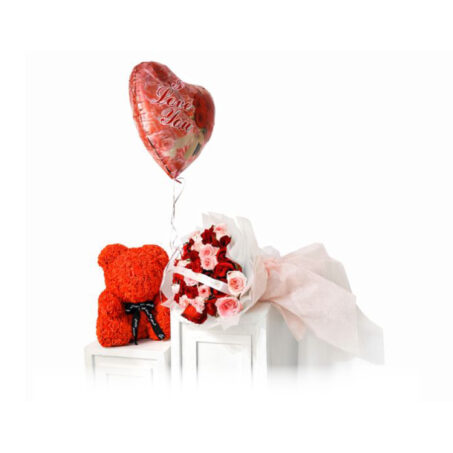 Mixed love bouquet with balloon and teddy 40cm