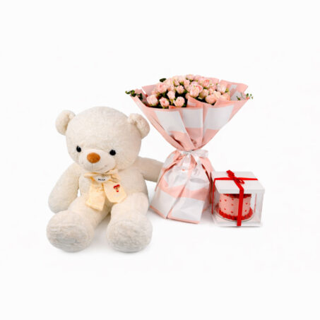 Pink garden boutique set with cake and Teddy 100cm