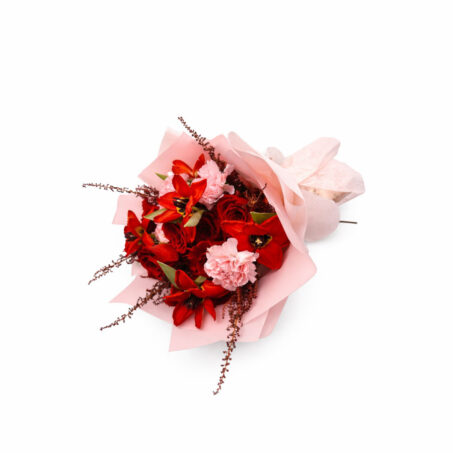 Red Roses with Red Tulips & Pink Carnation Bouquet