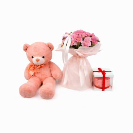 Rosy pink set bouquet with cake and Teddy 100cm