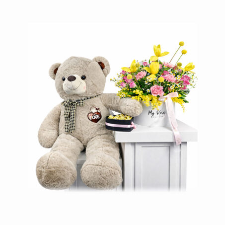 cheerful arrangement with teddy and ferrero in box