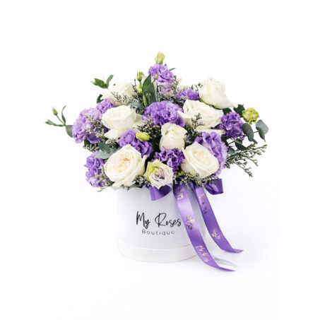 lilac arrangement in box
