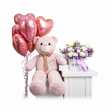 lilac arrangement with balloons and teddy