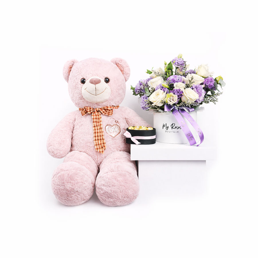 Lilac Arrangement with Teddy and Ferrero in Box