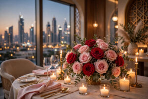 Romantic anniversary dinner table with luxury rose bouquet centerpiece in Dubai