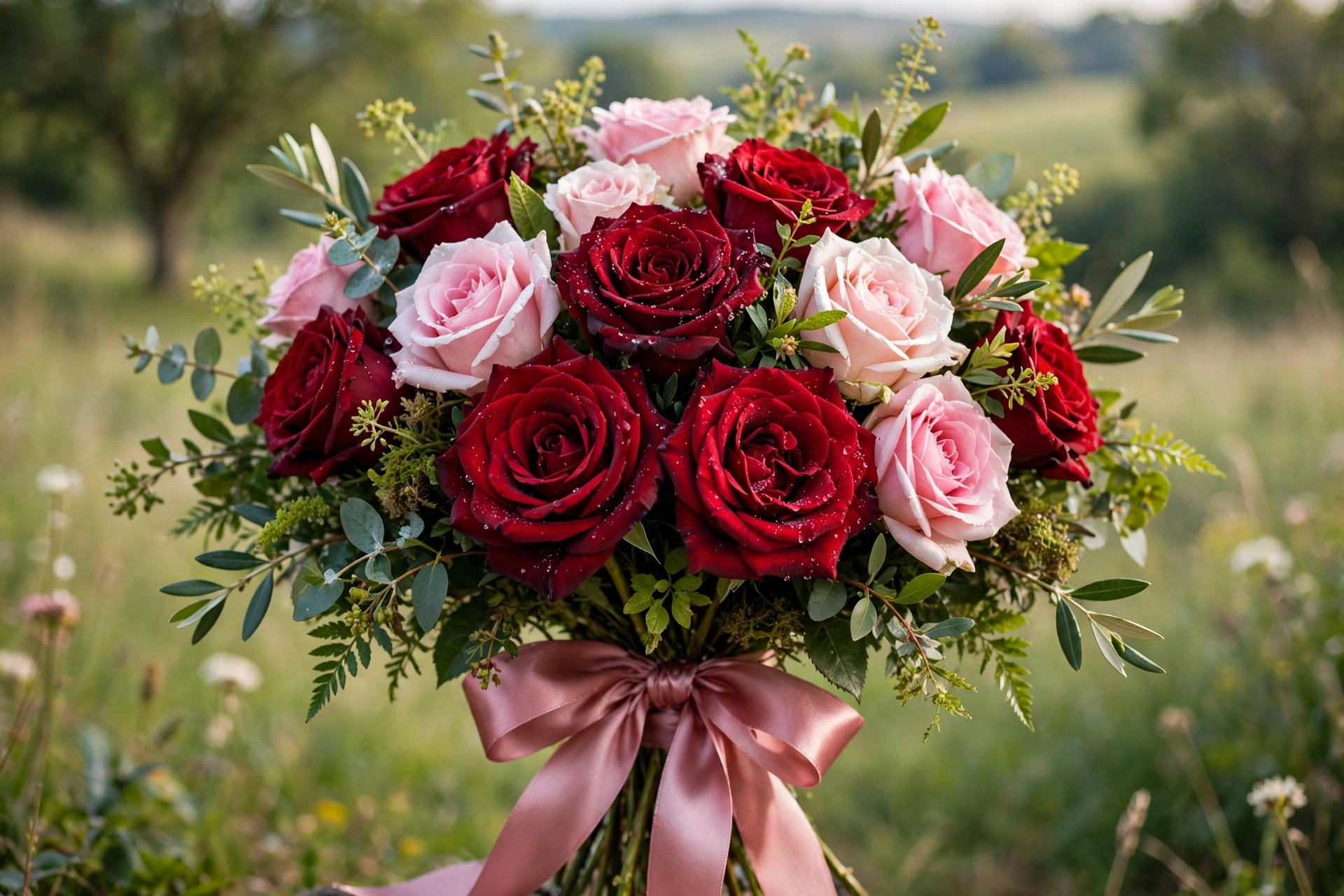 Close-up of luxury anniversary bouquet with red and pink roses